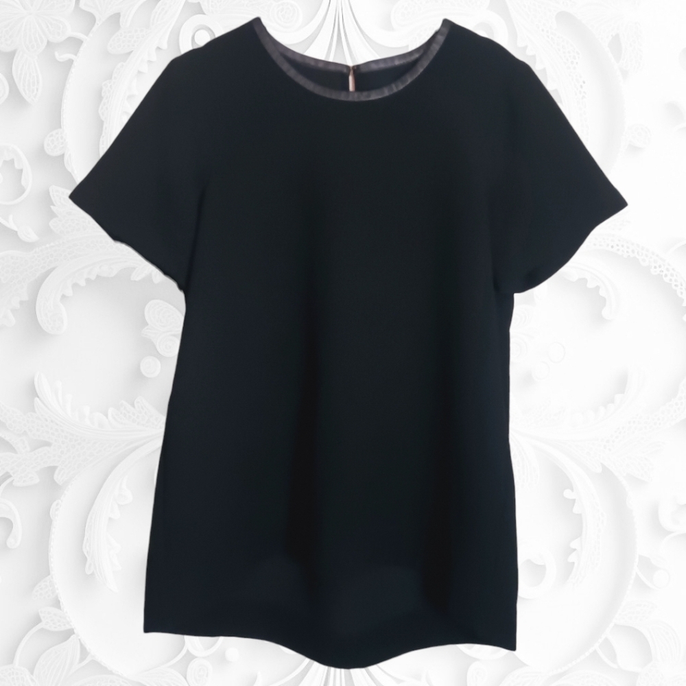 Madewell Black Leather Trimmed Neckline Short Sleeve Blouse